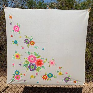 Vintage MCM Lightweight Embroidered Wool Throw Blanket w/ Flowers